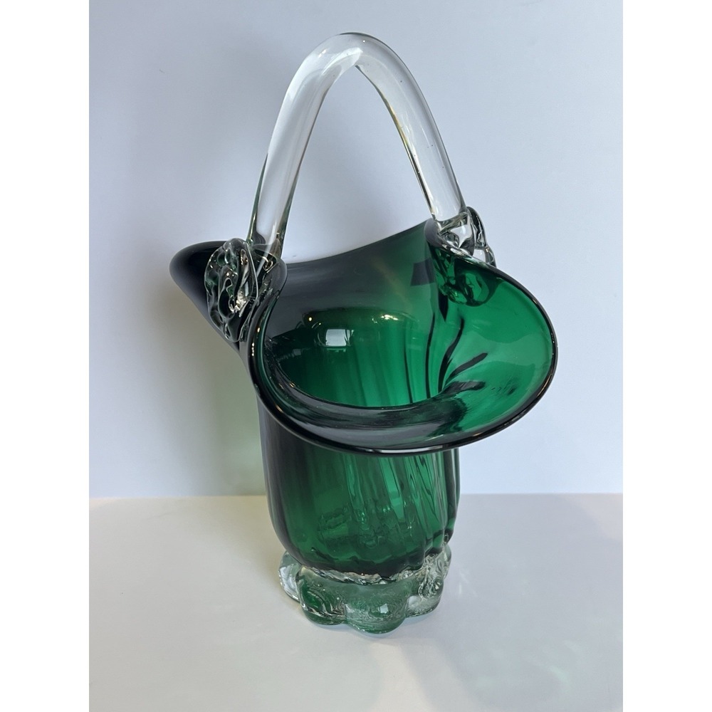 Art Glass basket with Applied handle Emerald green  7"  Tall